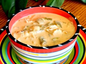 Close up view of poblano chicken cheese soup in a colorful bowl on a colorful plate