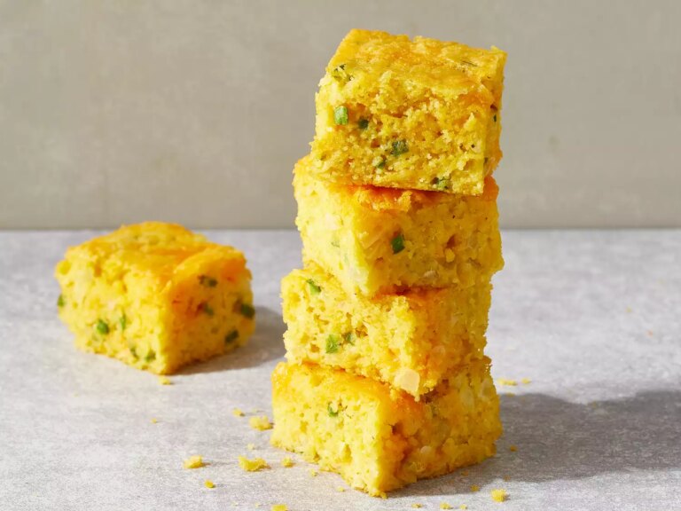 Close up on a stack of mexican style cornbread squares
