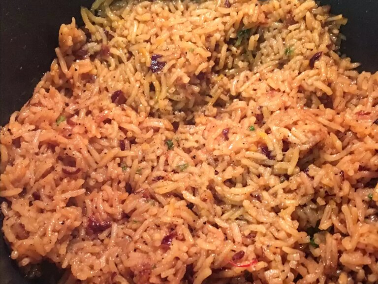 Close up view of saffron rice in a pan