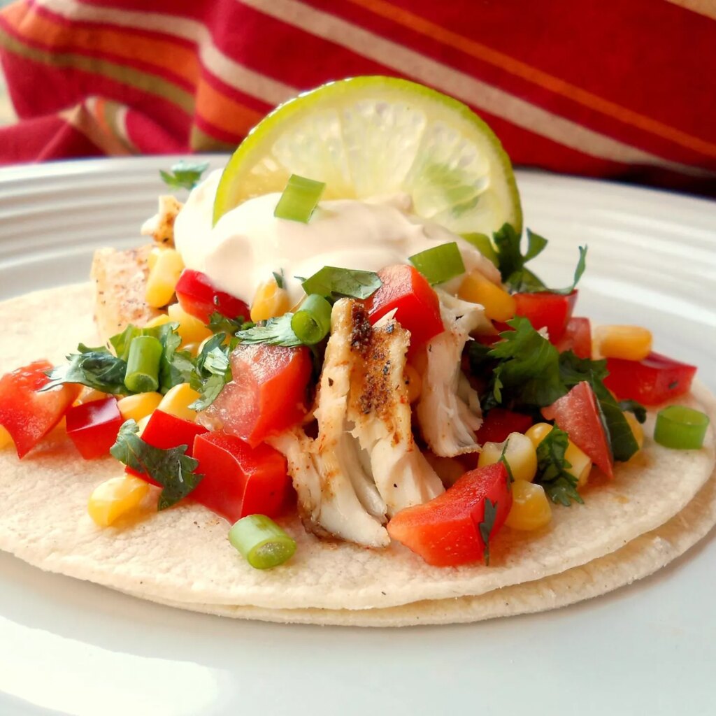 Close up view a fiery fish taco with crunchy corn salsa garnished with a lime wedge on a plate