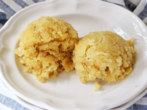 Sweet corn cake portioned with ice cream scooper