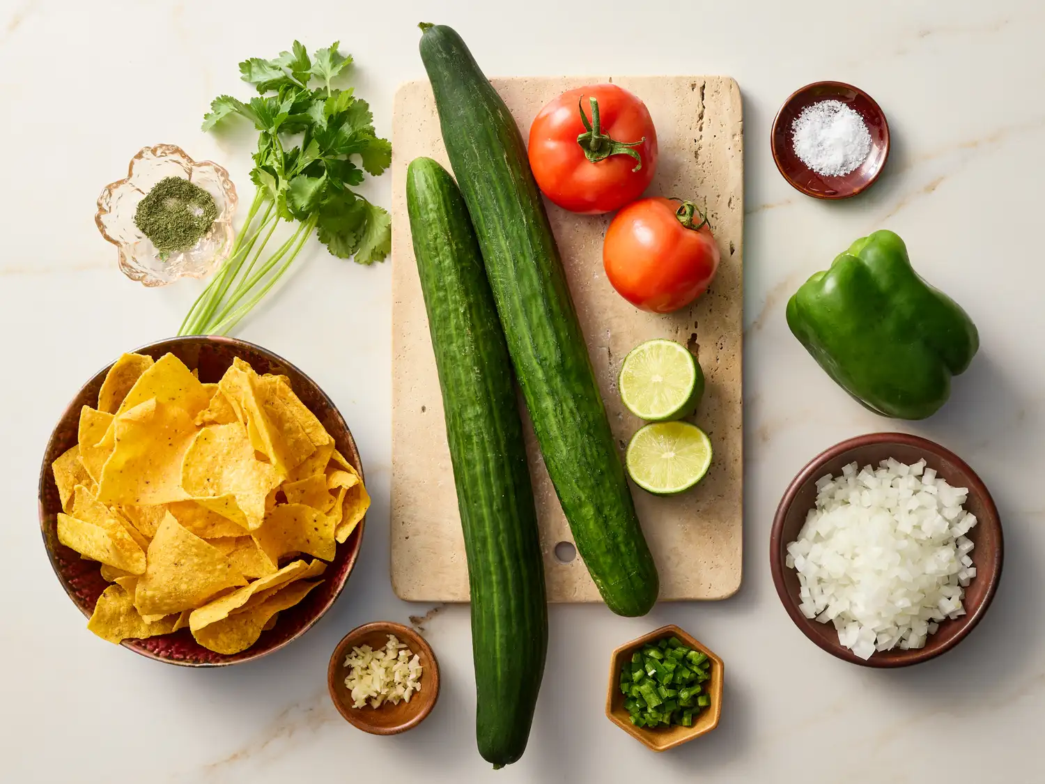 Ingredients for preparing cucumber salsa arranged on a table, including cucumbers, tomatoes, chips, lime halves, chopped onions, green pepper, and spices