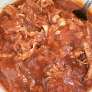 Close up view of salsa chicken burrito filling in a bowl with a spoon
