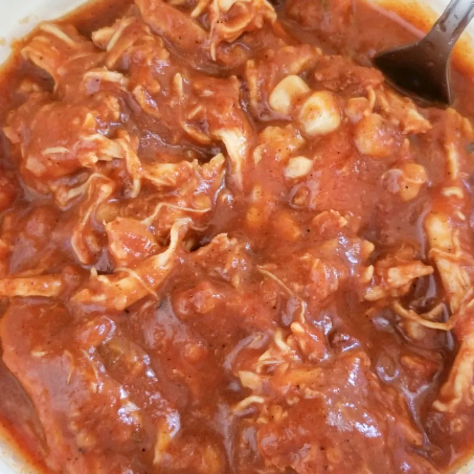 Close up view of salsa chicken burrito filling in a bowl with a spoon