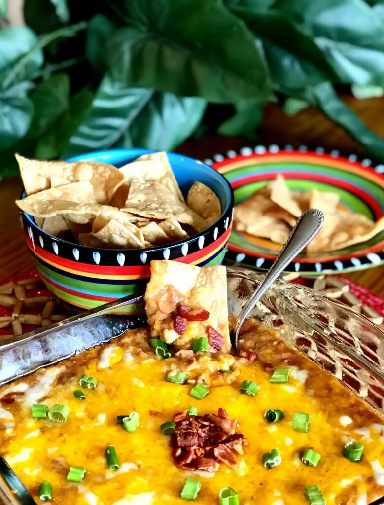 Hot bean and bacon dip with air fryer tortilla chips