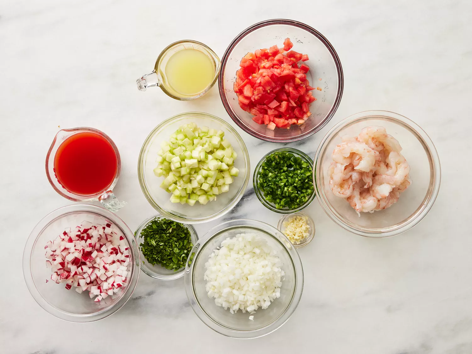 All ingredients gathered to make Mexican ceviche. 