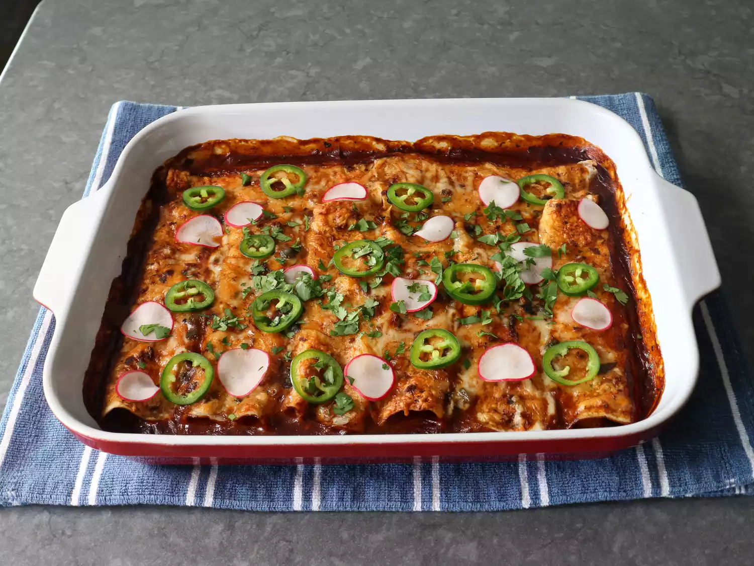 Beautifully baked pan of shrimp enchiladas garnished with jalapeno and radish slices