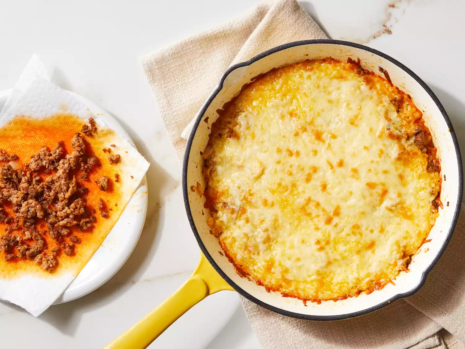 Chorizo, onion and cheese mixture baked until bubbly and golden-brown. 