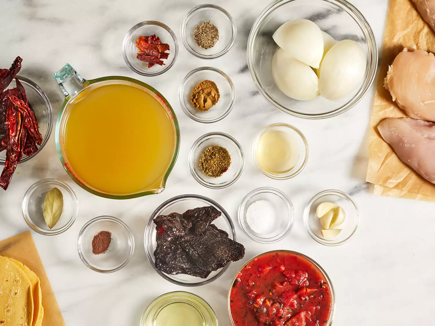 All ingredients gathered to make birria de pollo.