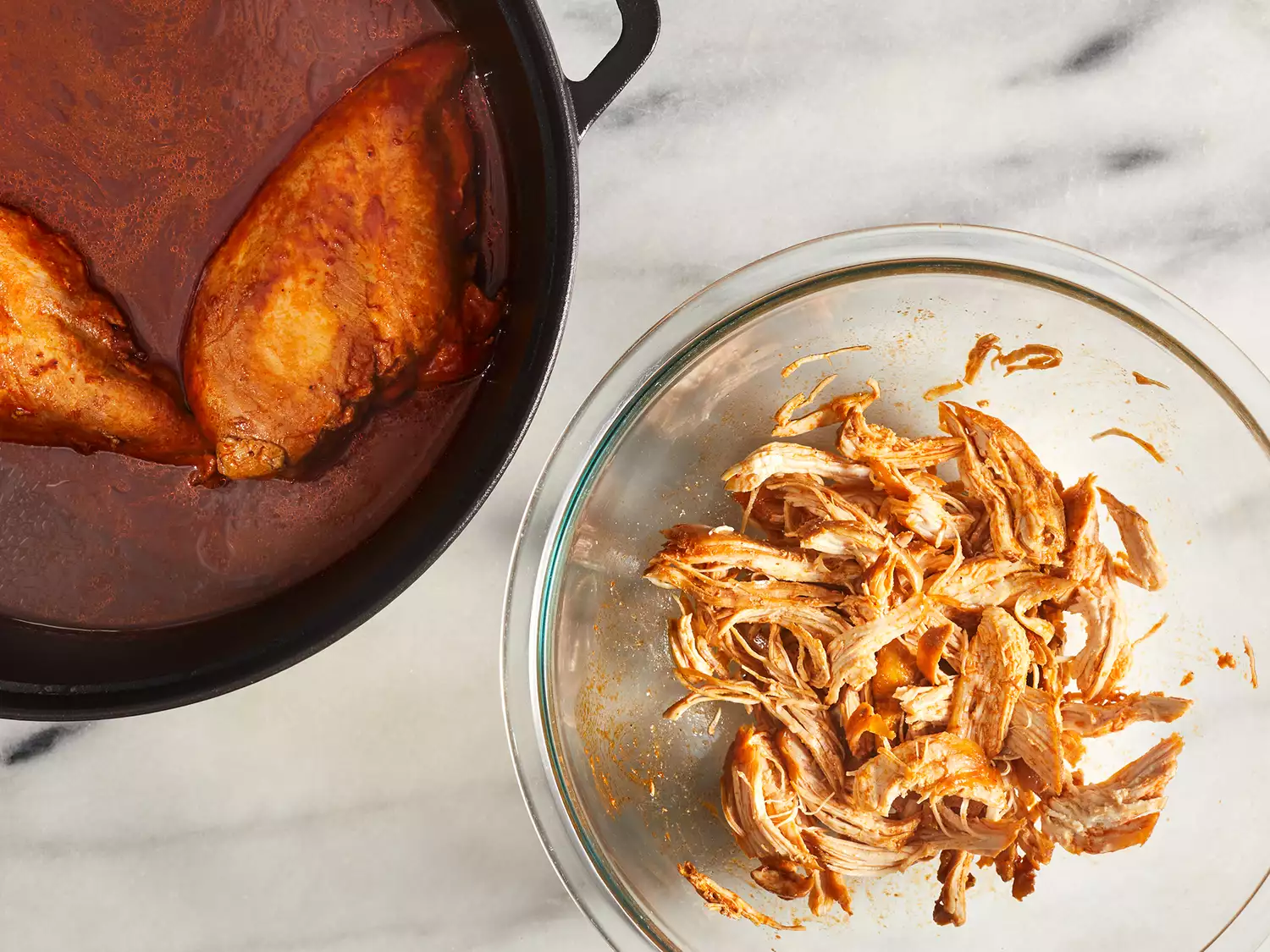 Take chicken out of pot and shred for eating.