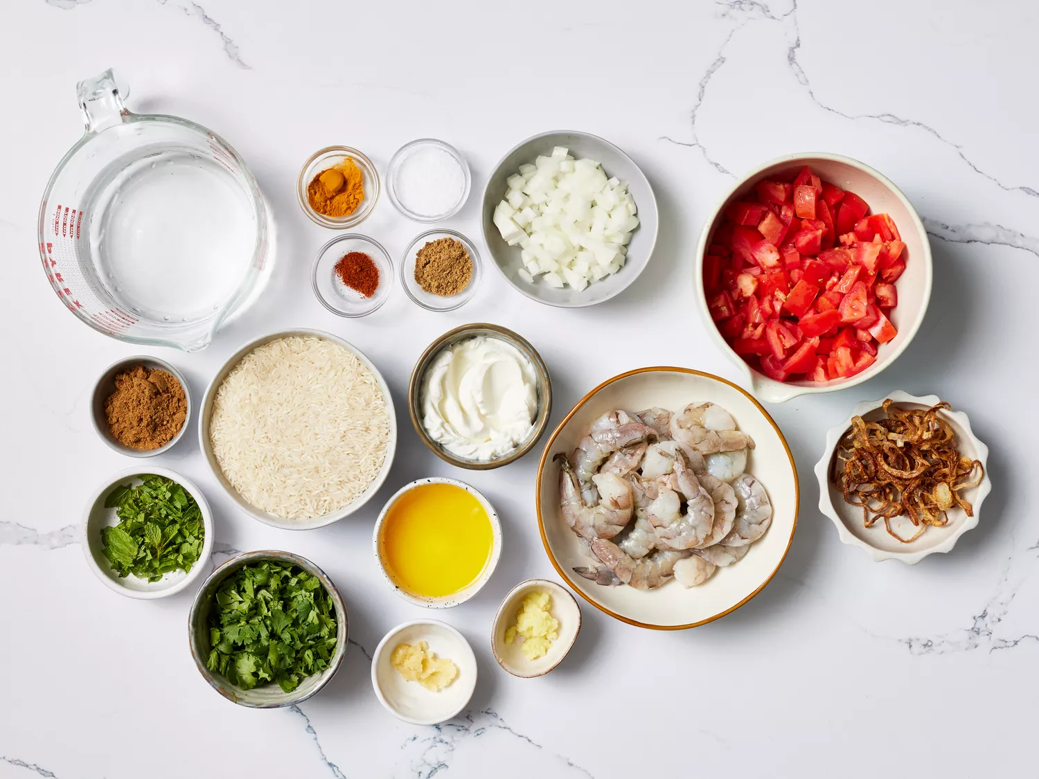Shrimp Biryani ingredients on a counter 