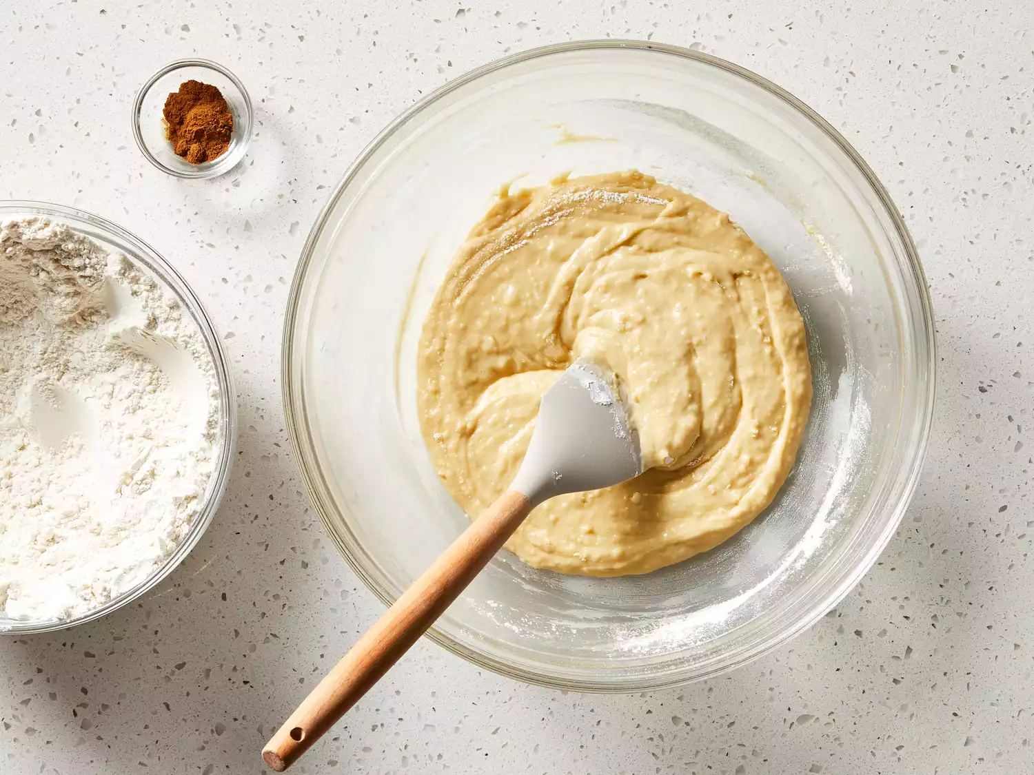 Flour, sugar, milk, melted butter, eggs and salt mixed in.