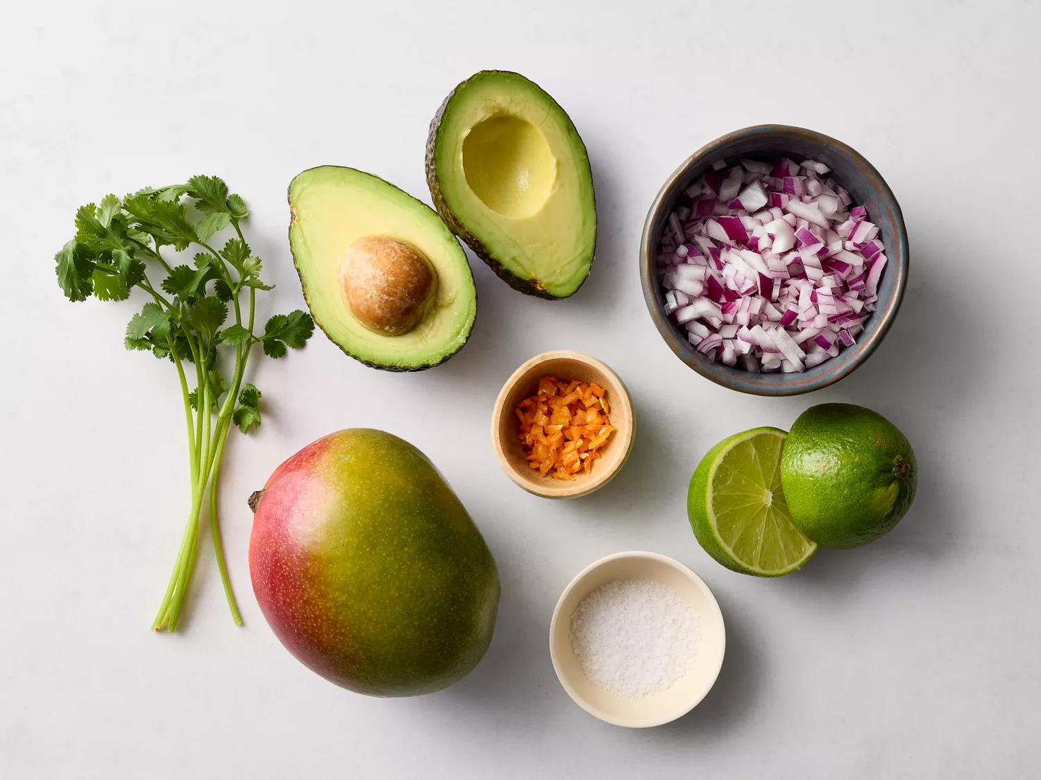 Avocado Mango Salsa recipe ingredients on a white counter 