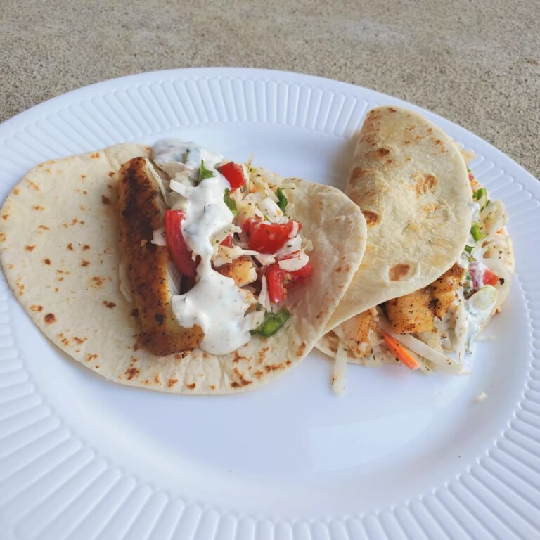 Fish tacos with cabbage salsa and yogurt sauce