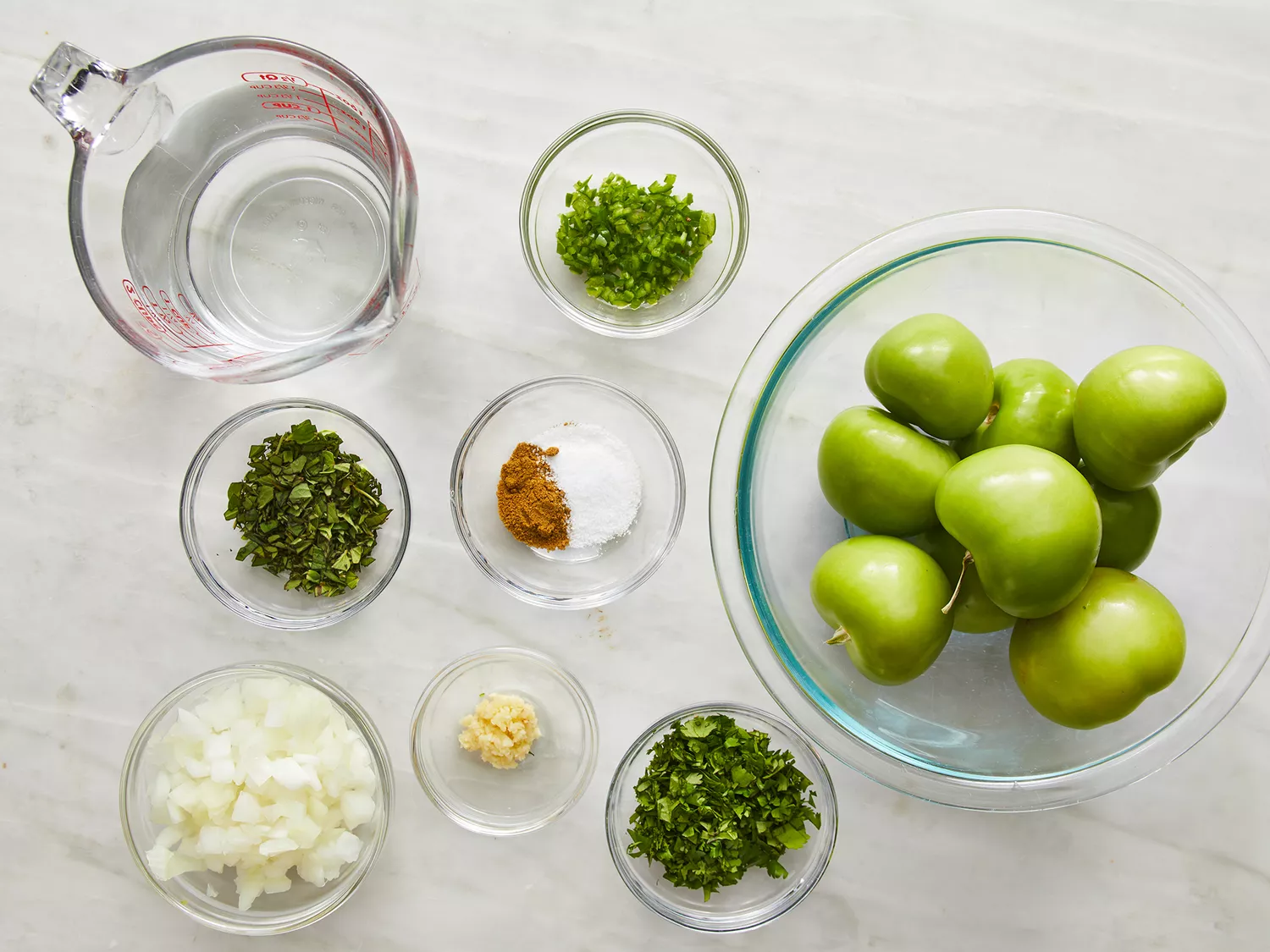 Overhead shot of measured ingredients gathered for tomatillo salsa verde