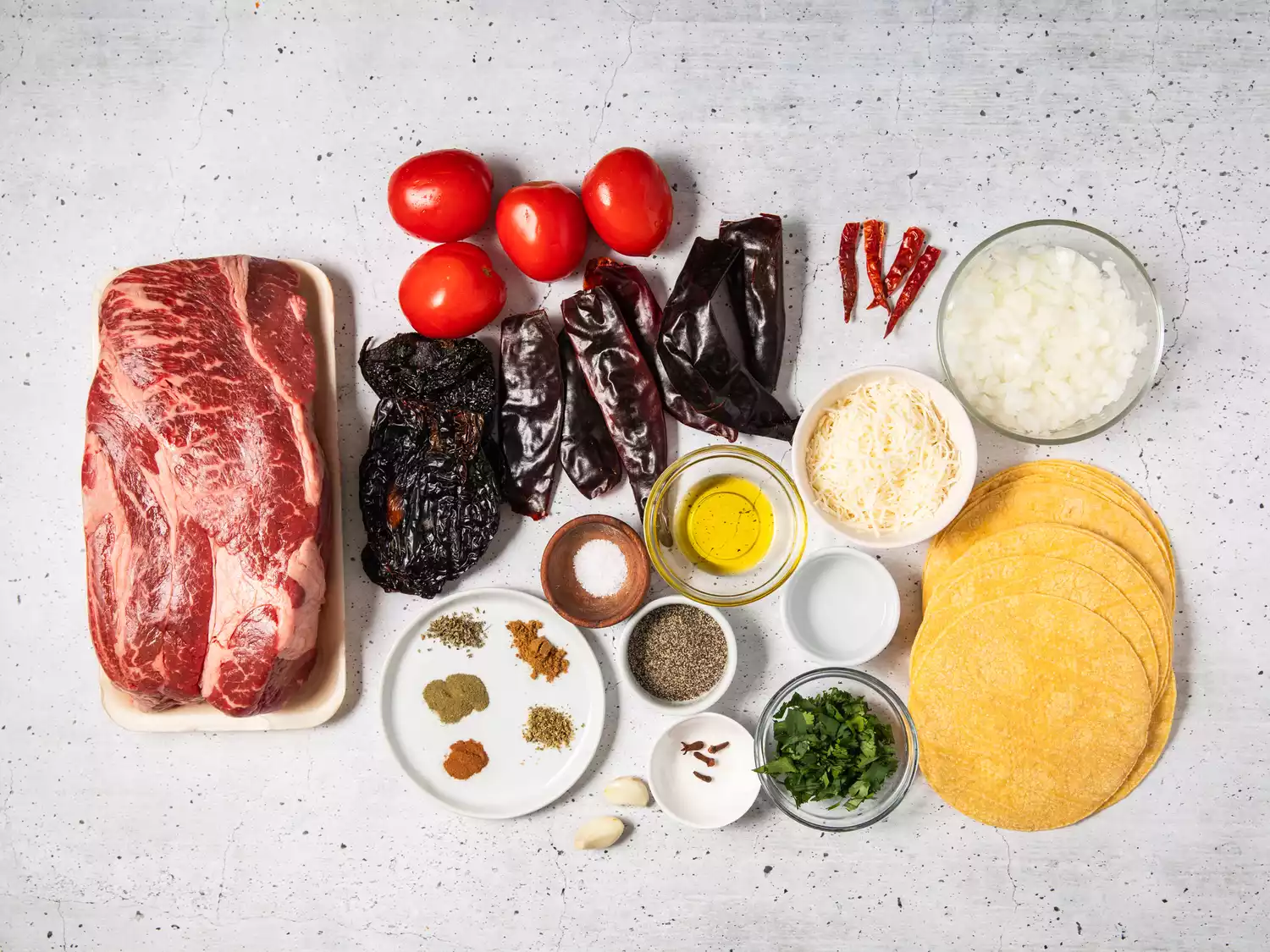 Ingredients to make beef birria tacos