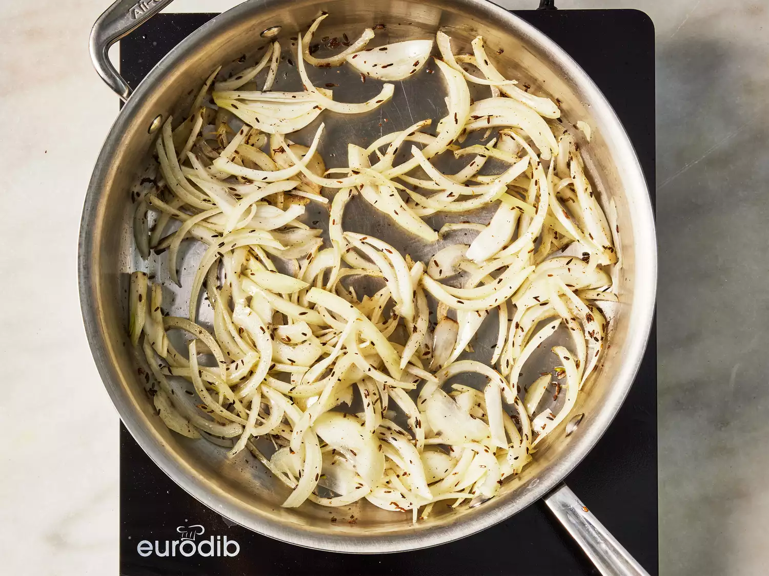 A pan with cumin seeds, sliced onion, garlic, and ginger
