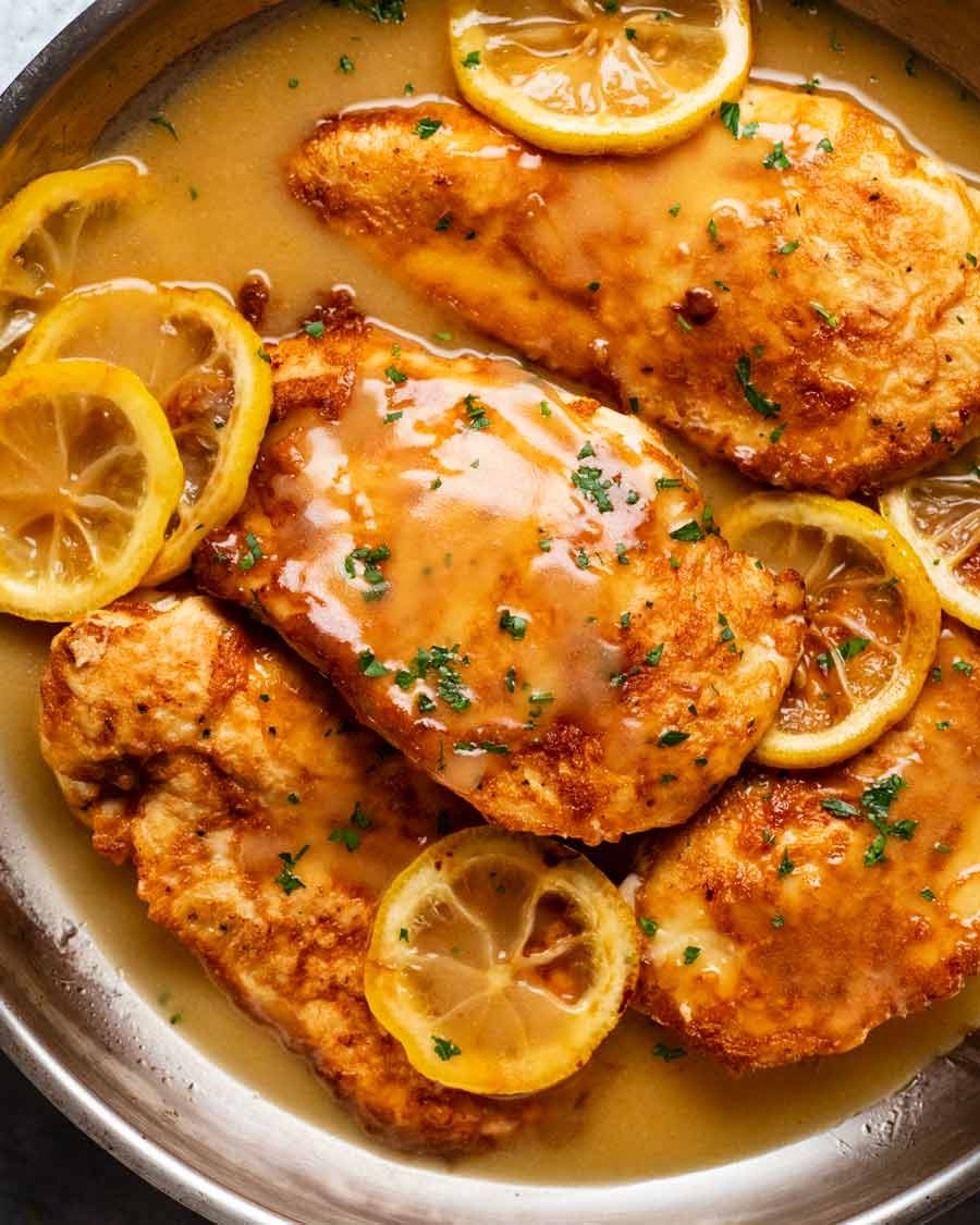 Chicken Francese Recipe Chicken Francese in a pan ready to be served