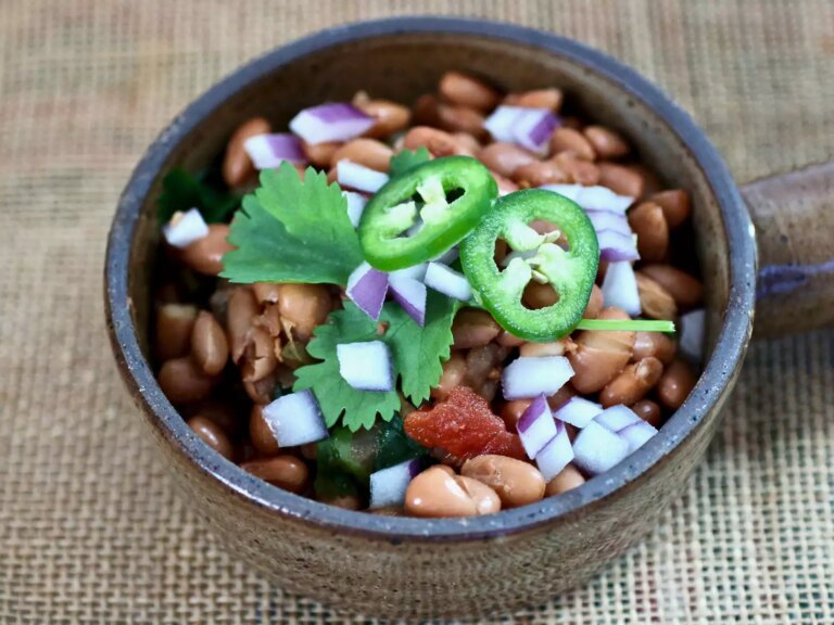 Pinto beans with jalapeno slices in bowl