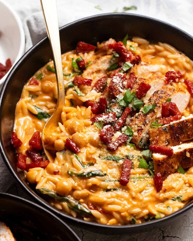 One pot chicken risoni with crispy salami Recipe