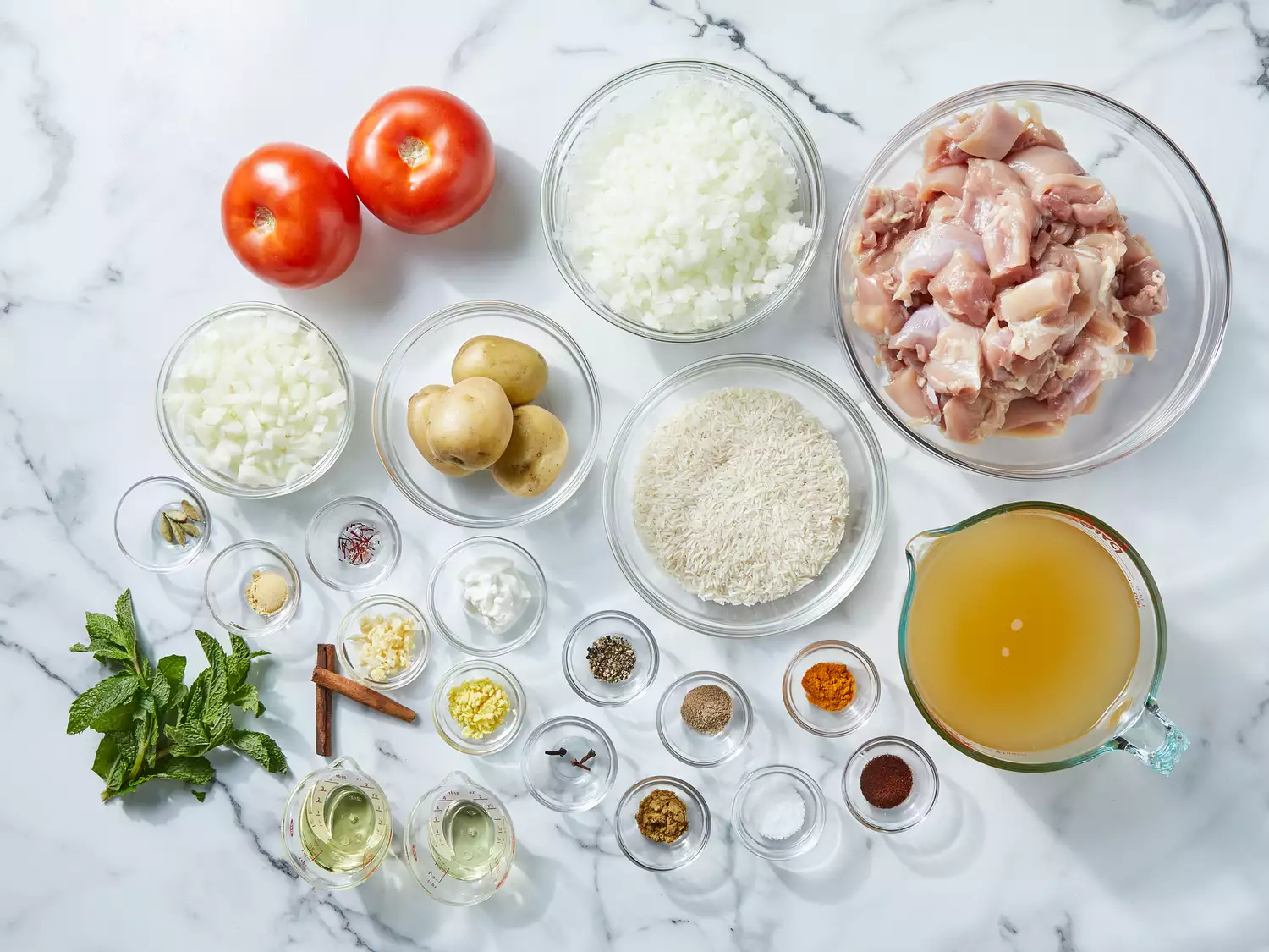 all ingredients gathered to make chicken Biryani.
