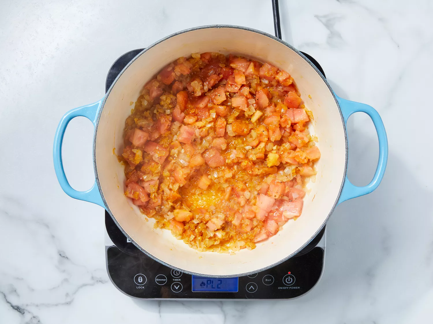 onions, garlic, ginger, tomatoes and seasonings added to skillet, stirring constantly.
