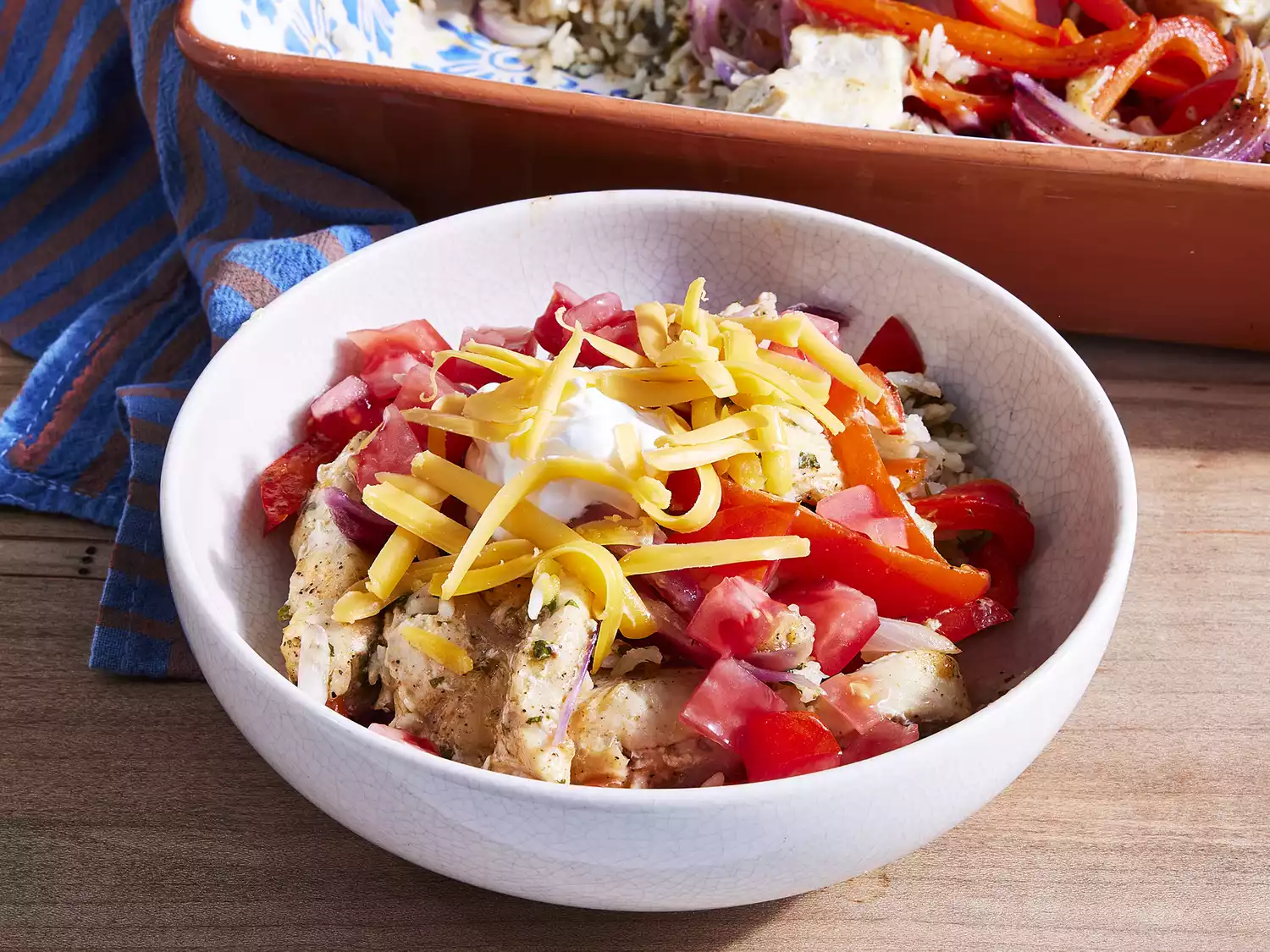 Close up on a bowl of chicken fajita rice casserole